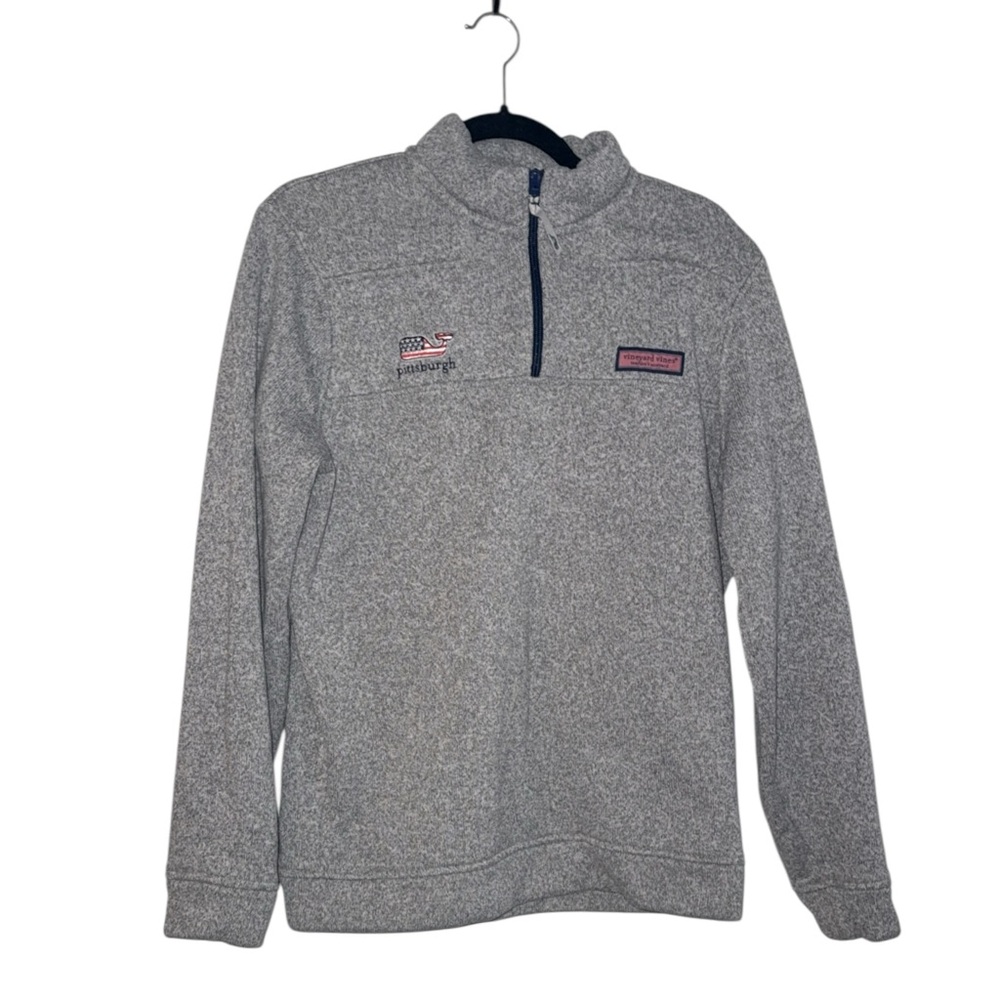 Vineyard Vines Pittsburgh American Flag Whale Quarter Zip Pullover Gray Small